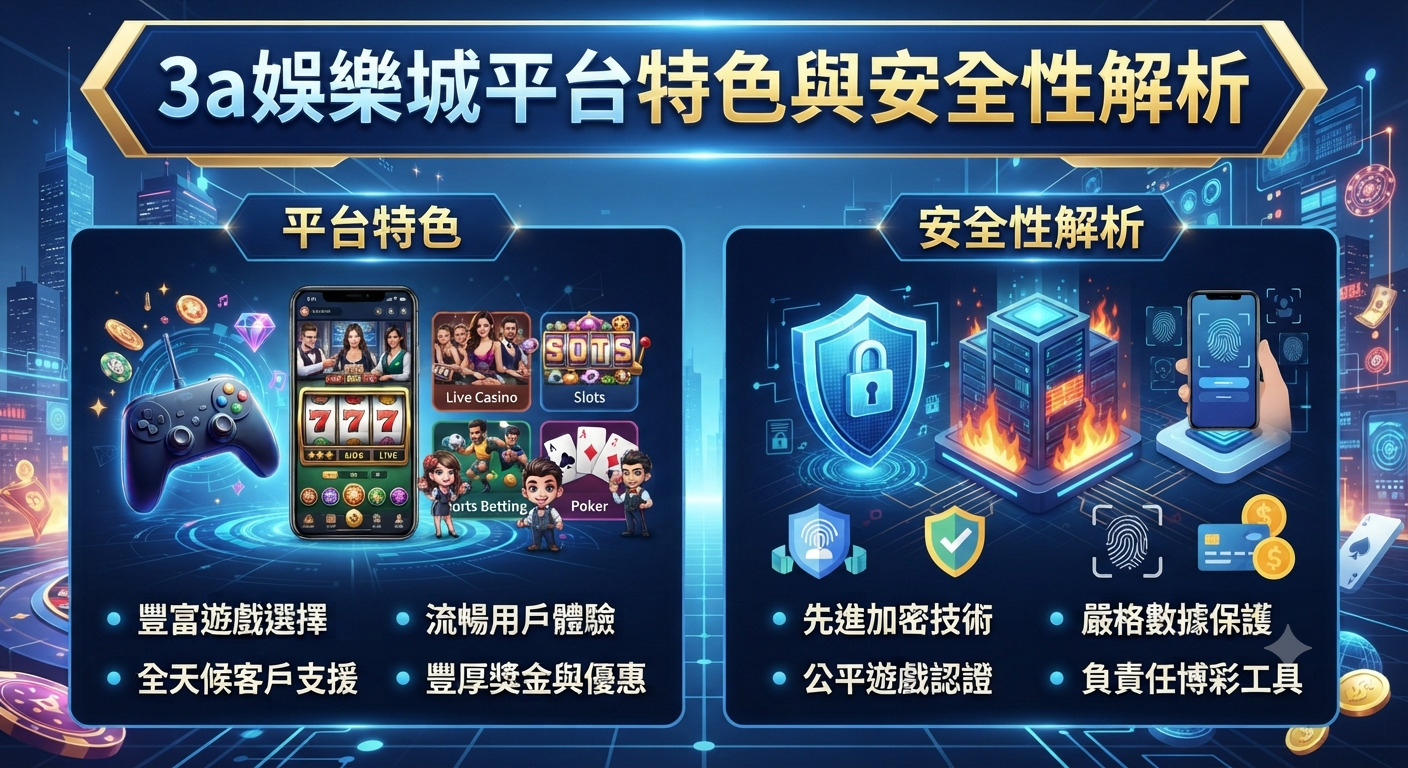 這是一張關於3a娛樂城平台特色與安全性解析的資訊圖表。 畫面採用科技感藍色調,並以清晰的圖文展示平台功能與防護機制。